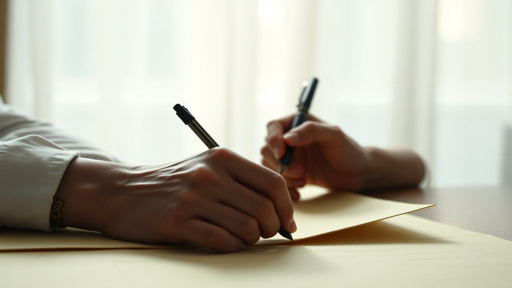 A hand writing a letter on textured paper with soft morning light