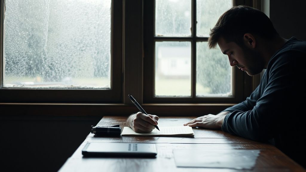 A person writing by hand at a wooden desk near a rain-streaked window