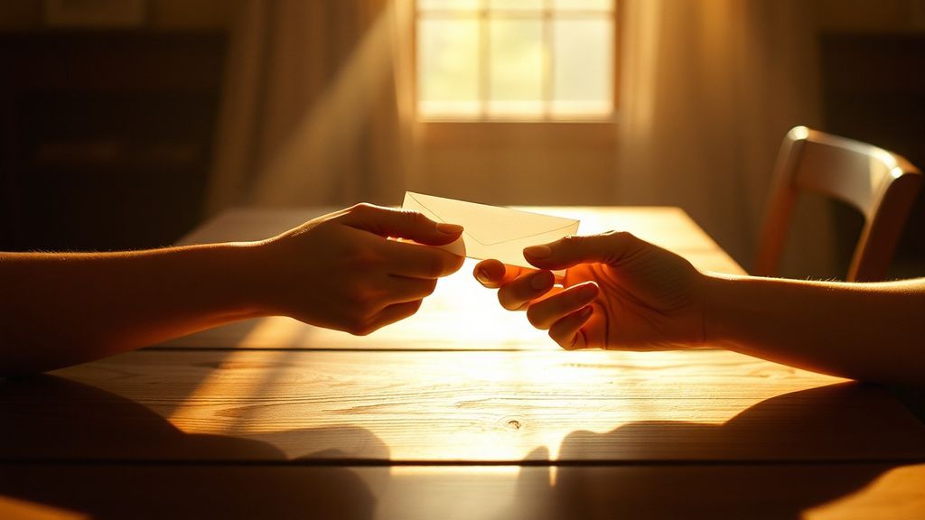 Two hands exchanging a sealed envelope across a table