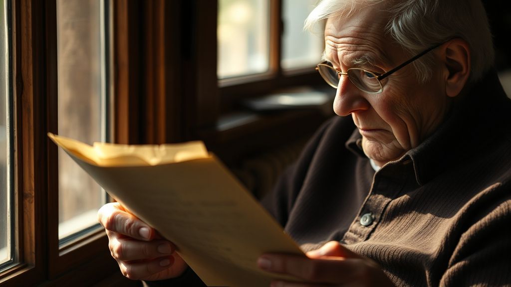 An older person reading a faded letter with soft emotion