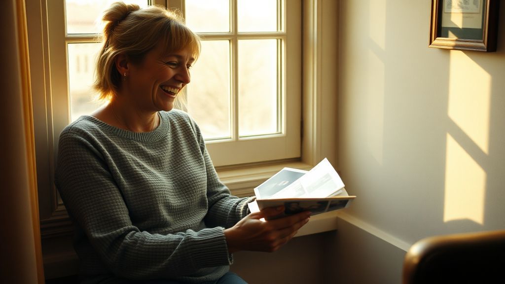 A woman laughing while looking at old photographs on a windowsill