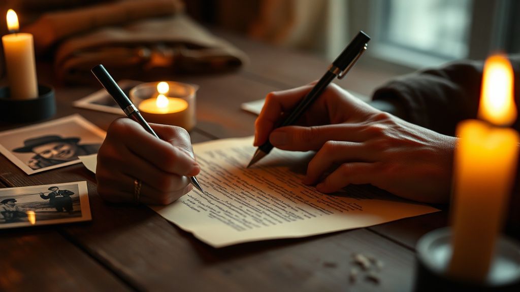 Hands writing a letter by candlelight with photographs nearby