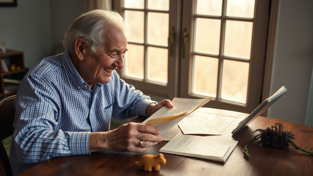 Two generations sitting together looking at a tablet and old letters