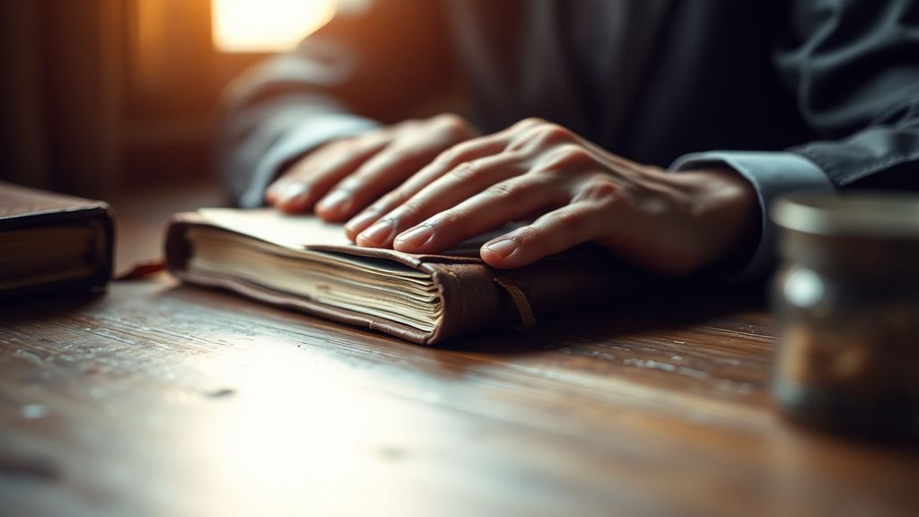 A professional's hands resting on a closed leather journal on a wooden desk