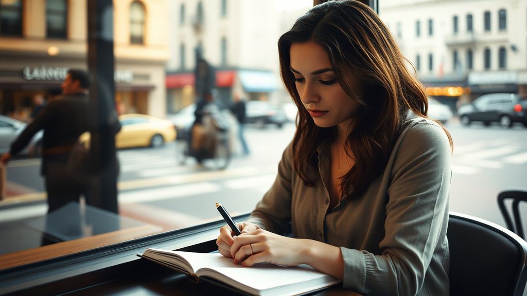 A woman in her thirties writing by hand at a café window, city reflected in glass