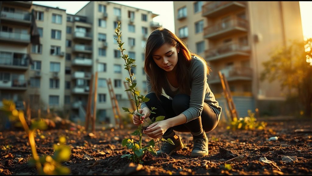 A young woman planting a small tree in an urban community garden at golden hour
