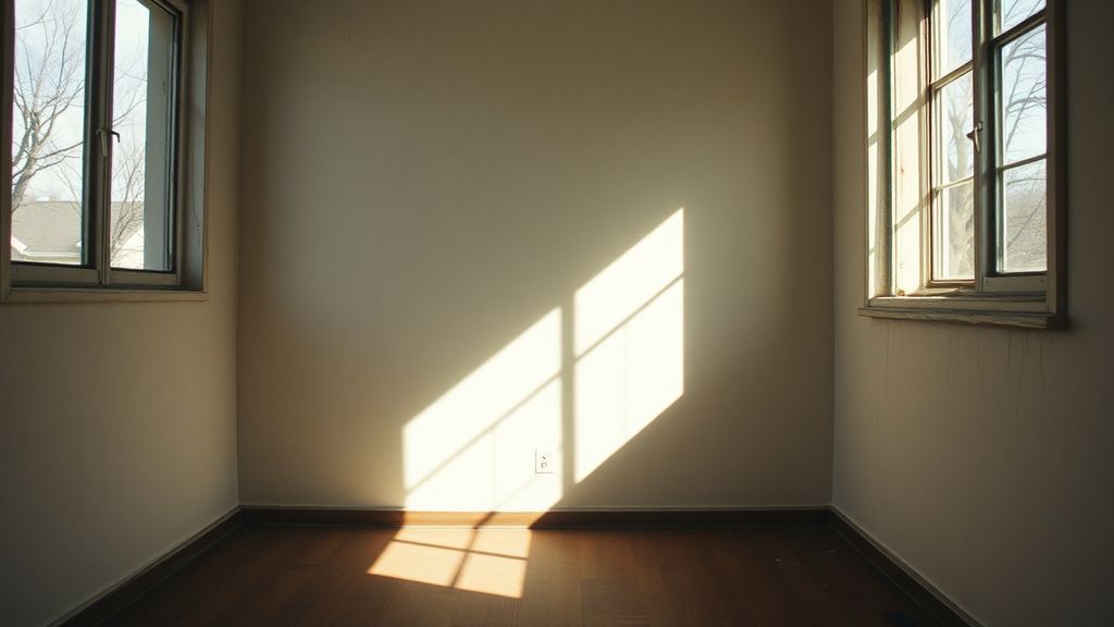 An empty apartment room with afternoon light streaming through windows, showing marks on walls where pictures once hung