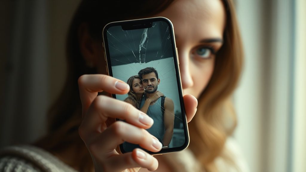 A woman holding a cracked smartphone with a faded photo on screen