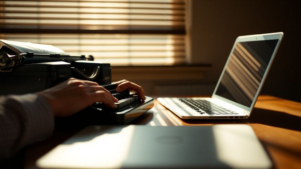 Hands typing on a vintage typewriter with a modern laptop closed nearby
