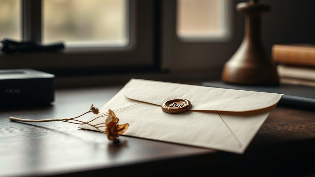 A sealed envelope with a wax seal on a minimalist desk with a single dried flower