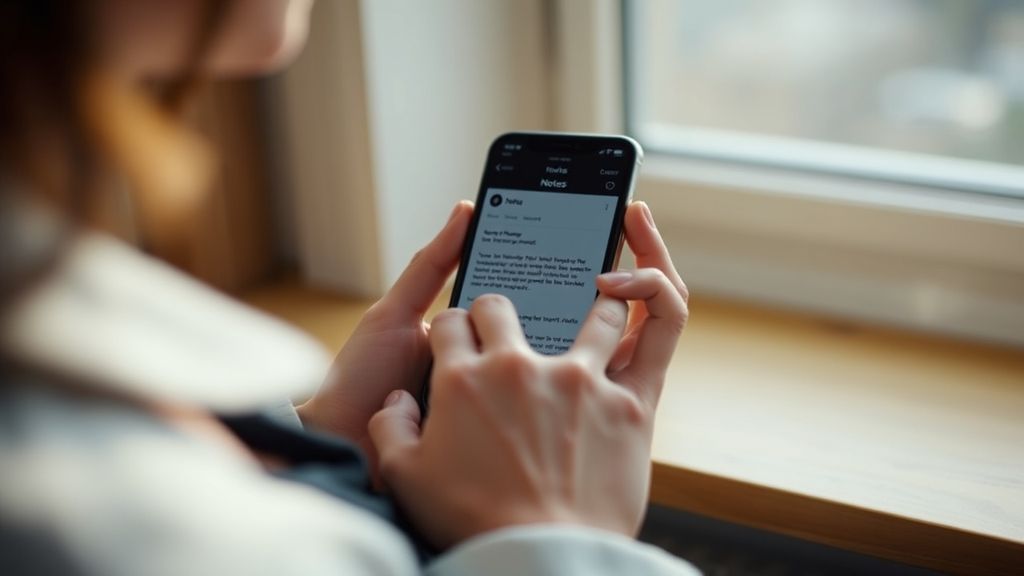 A woman's hands holding a smartphone with a notes app open, soft window light