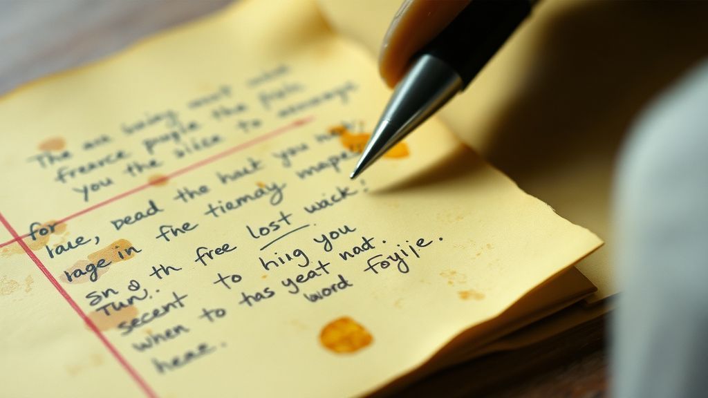 Close-up of handwritten notes on yellow paper with coffee stains