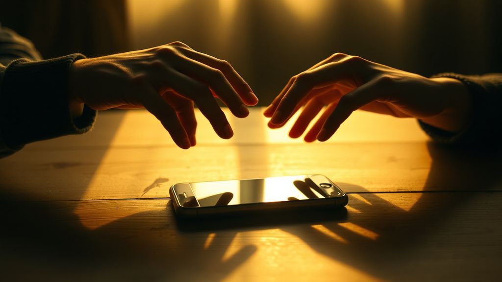 Two hands reaching toward each other across a table with a smartphone between them