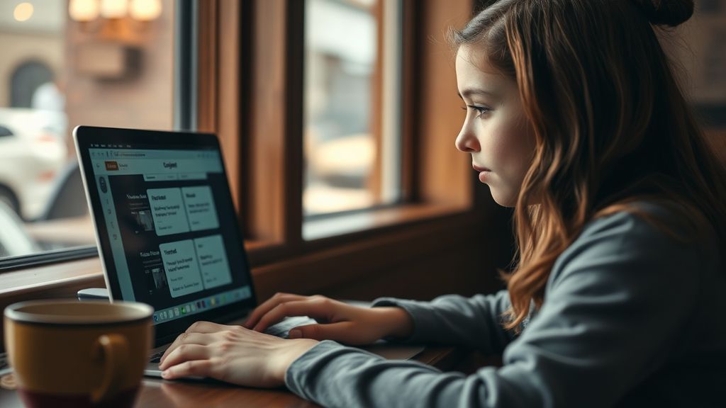 A teenager studying on a laptop in a coffee shop with flashcards visible on screen