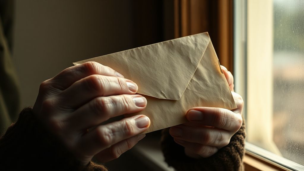 Hands holding a sealed envelope with light streaming through a window