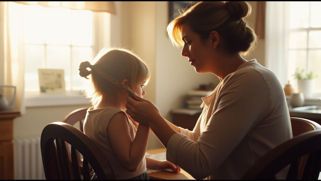 A mother braiding her young daughter's hair at a kitchen table, morning light streaming through window