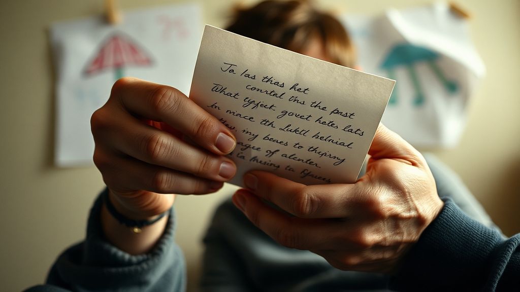 A father's hands holding a handwritten letter with a child's drawing visible in background, soft focus