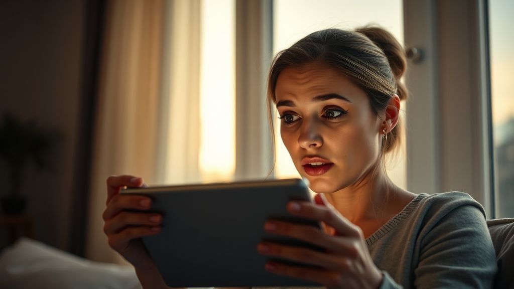 An adult child opening a digital time capsule on a tablet, soft evening light, expression of surprised emotion