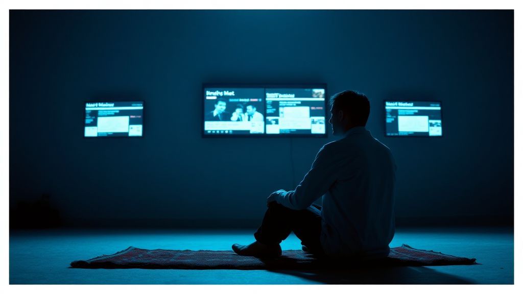 A person sitting alone in a dimly lit room surrounded by glowing screens