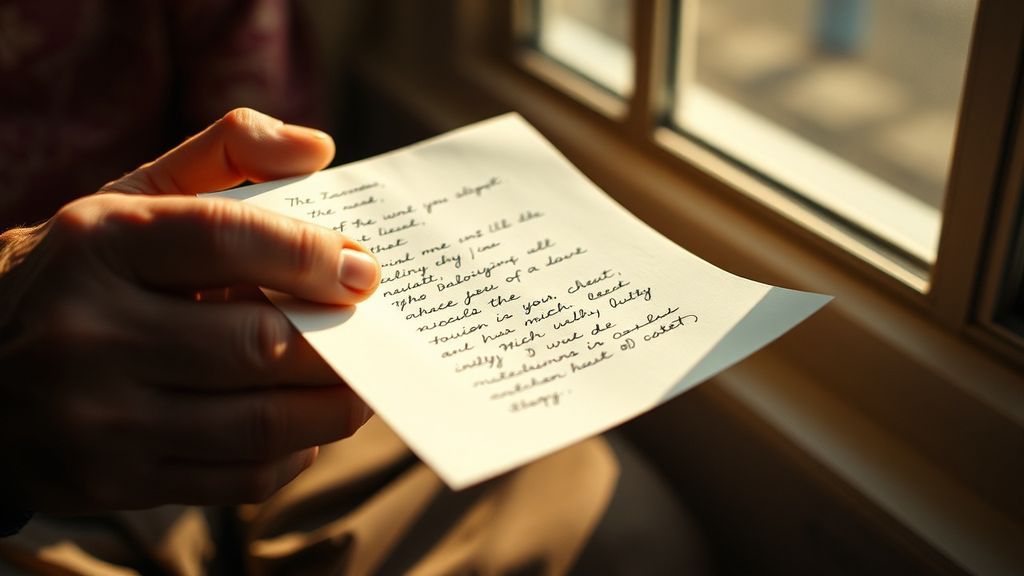 Close-up of weathered hands folding a handwritten letter