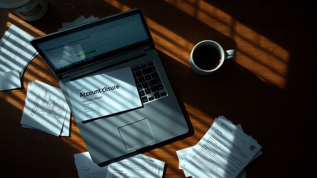 A desk with papers, a laptop, and a death certificate