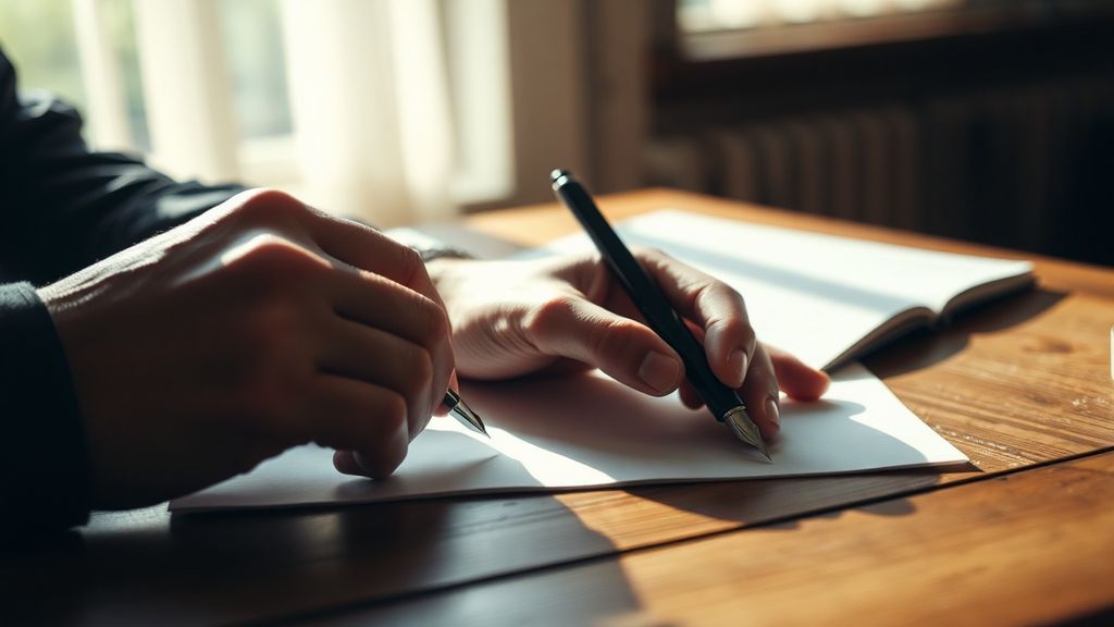 Hands writing a letter at a wooden table with soft window light