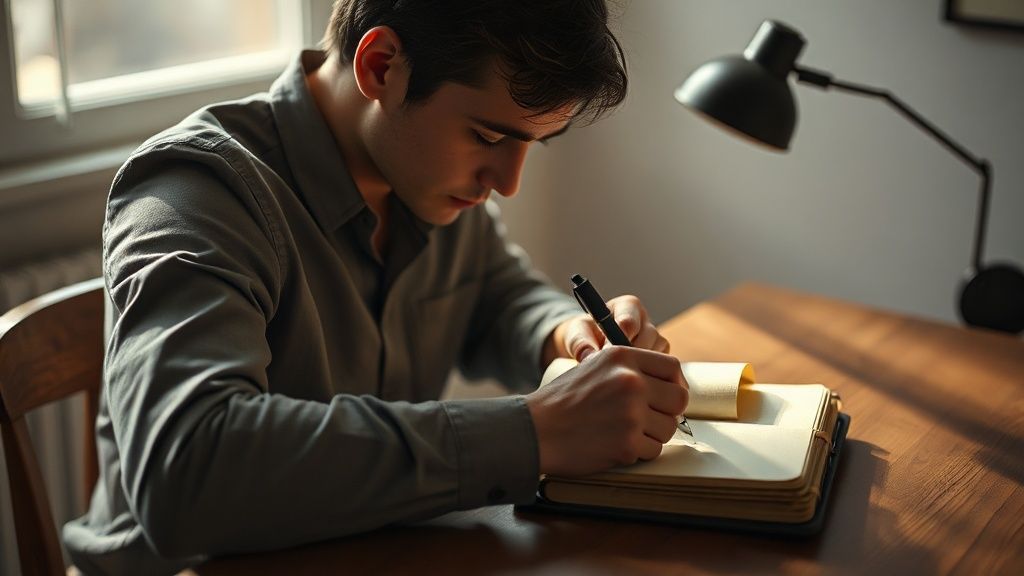 A person writing in a leather journal at a wooden desk with soft morning light