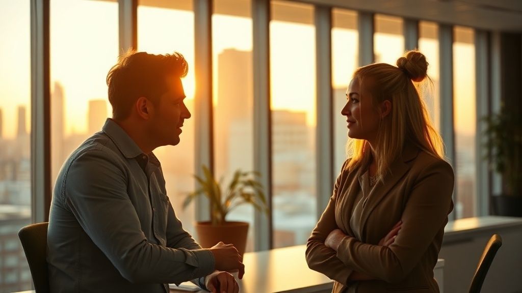 Two professionals having a serious conversation in a modern office with city views