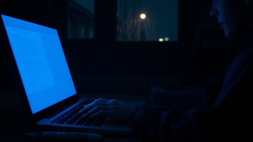 A person typing on a laptop in a dark room with blue screen glow