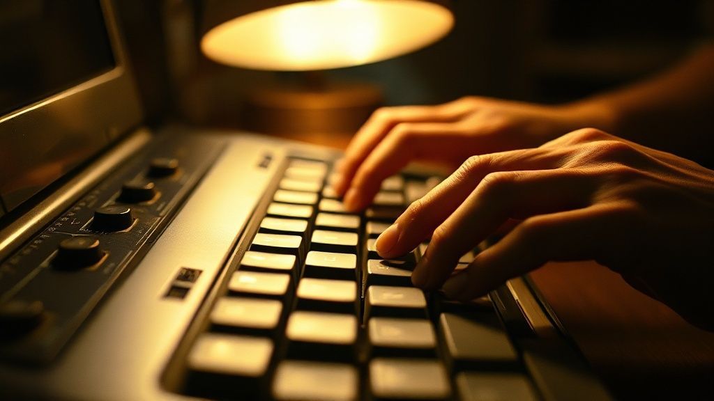 Close-up of hands typing on a worn mechanical keyboard with warm desk lamp light