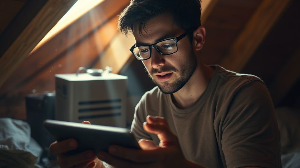 A young adult discovering an old digital tablet in a sunlit attic decades later