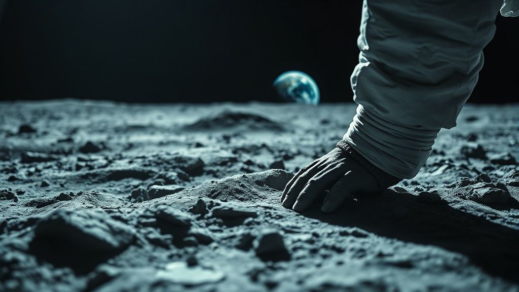An astronaut's gloved hand touching lunar soil with Earth visible in the sky