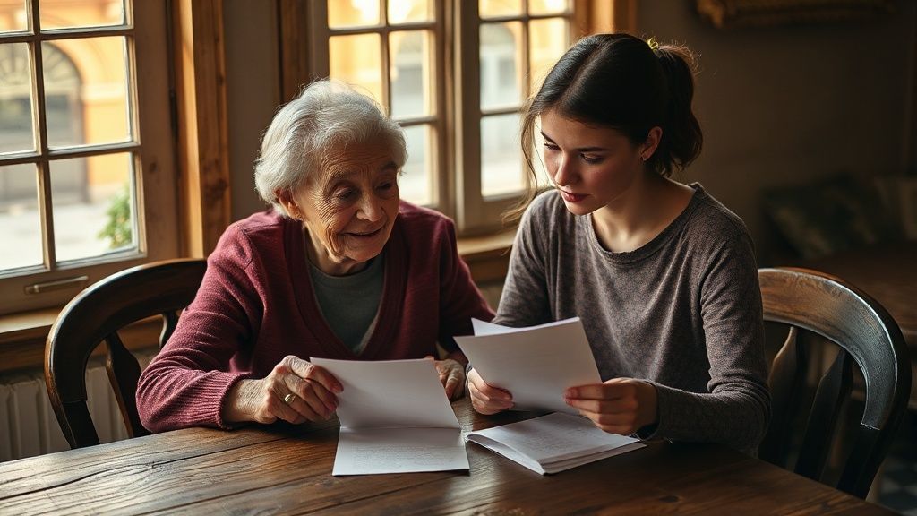 A grandmother and young adult granddaughter reading letters together at a wooden table
