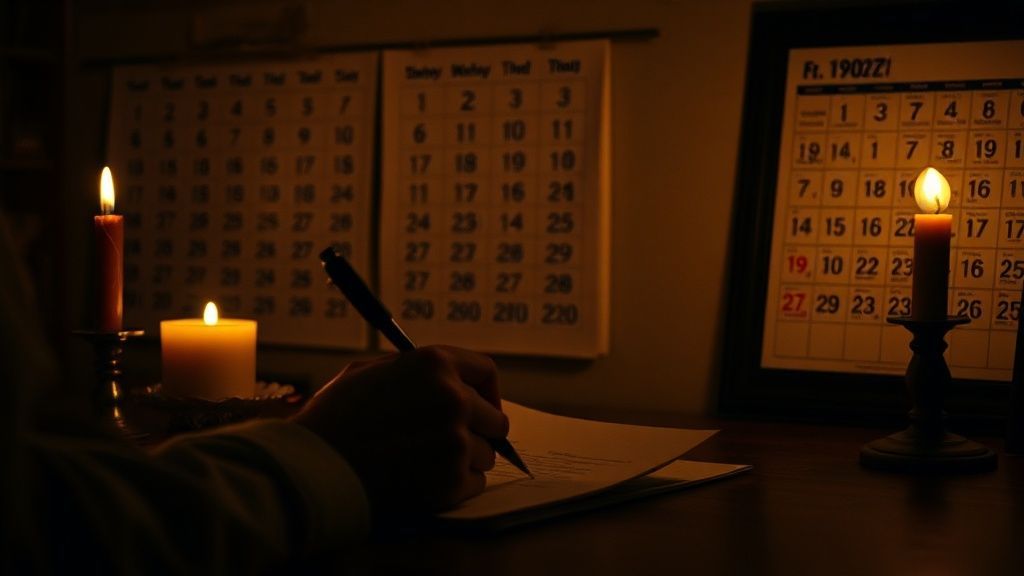 A person writing by candlelight with a calendar showing distant future dates visible