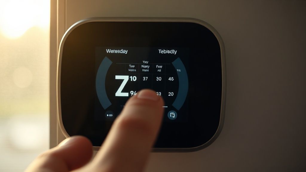 A hand touching a smart home thermostat screen showing a weekly schedule