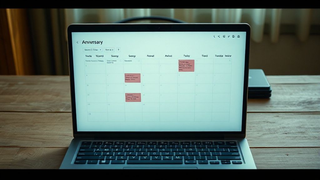 An open laptop on a wooden desk showing a digital calendar with recurring anniversary reminders