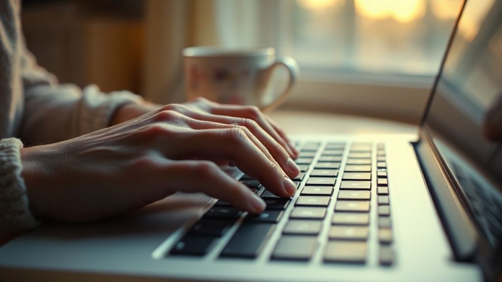 Hands typing on a laptop keyboard with soft evening light and a cup of tea nearby
