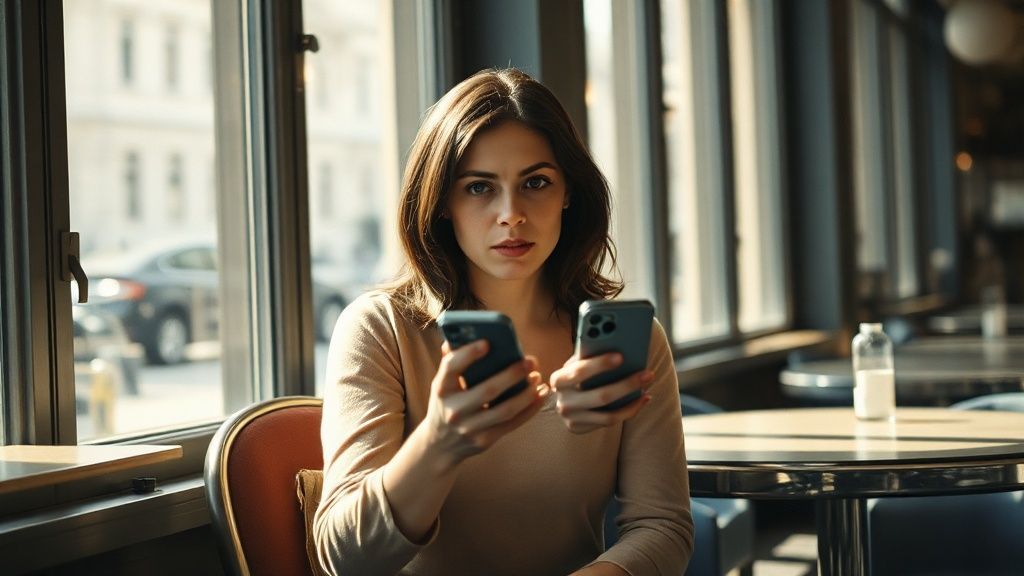 A woman hesitating before her phone's camera in a Berlin café