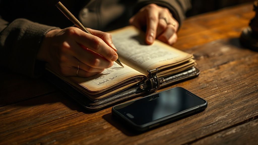 Hands writing in a locked leather journal beside a smartphone