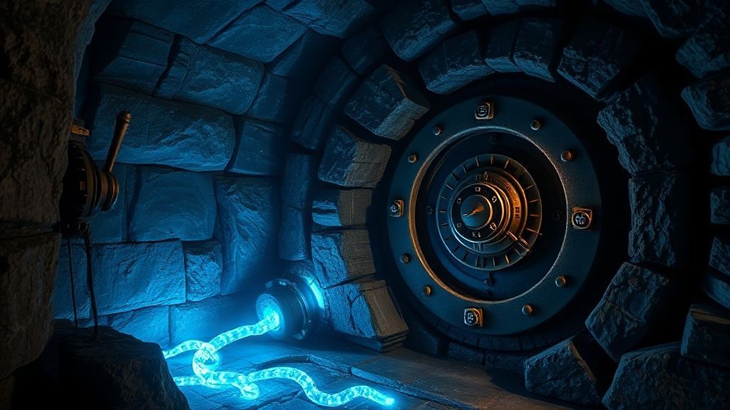 An abstract visualization of encrypted data streams flowing through a time-locked vault