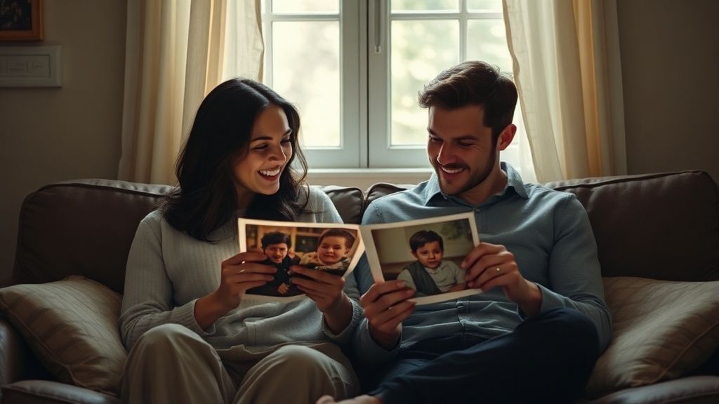 Two people looking at the same photograph with different expressions