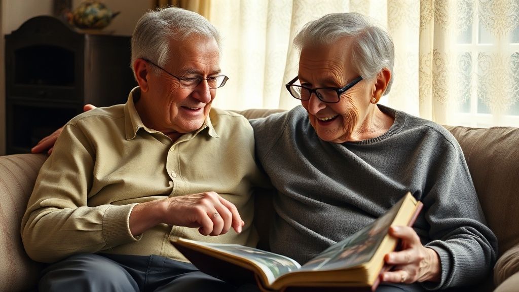 An older couple looking through a photo album together