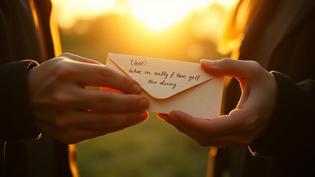 Hands holding a sealed envelope with soft light