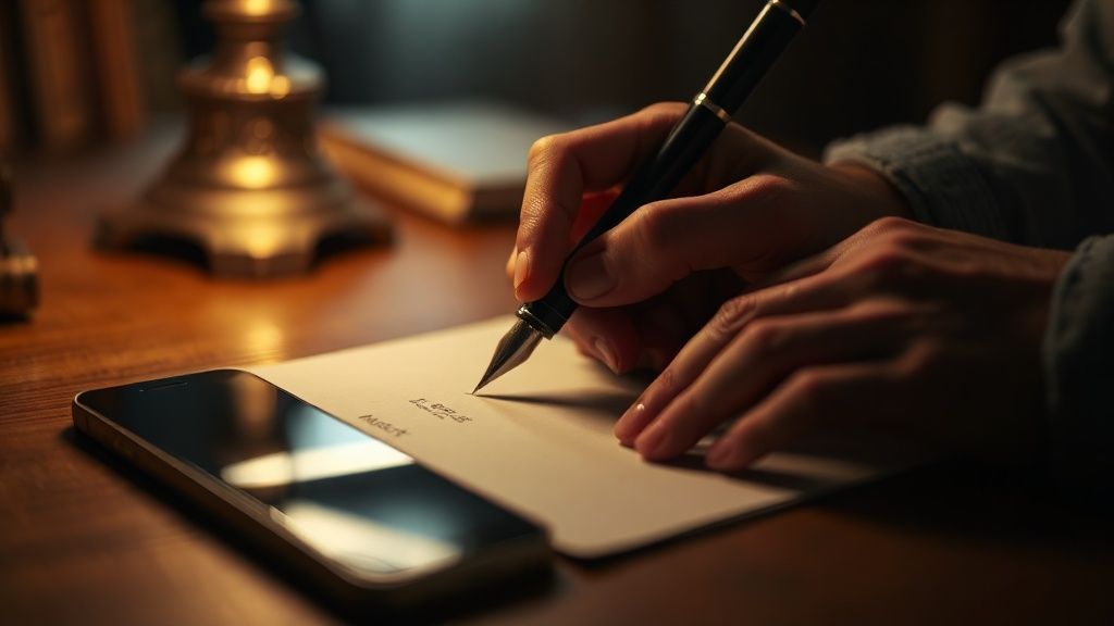 A hand writing a letter by warm lamplight with phone face down