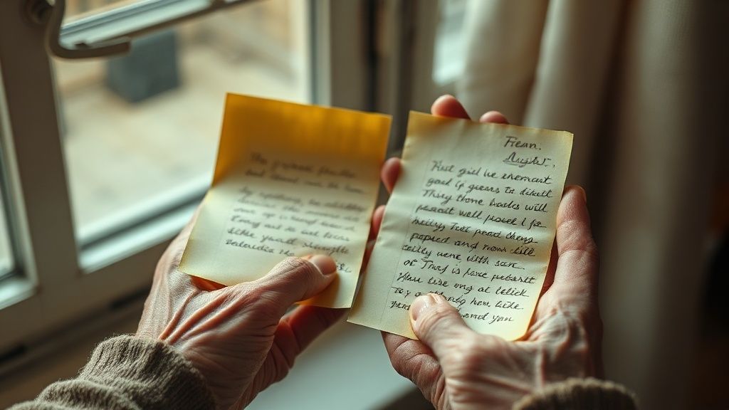 Two elderly hands holding yellowed handwritten letters