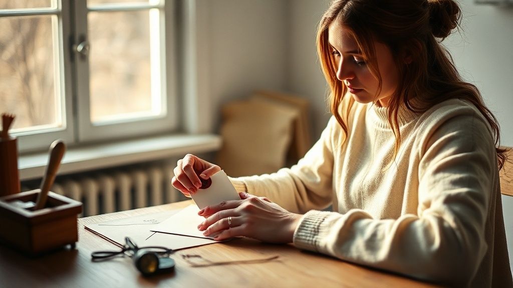 A young woman sealing an envelope at a writing desk with morning light
