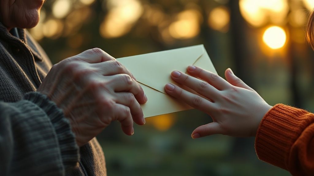 Hands of different generations touching a sealed envelope together, soft focus background suggesting passing time
