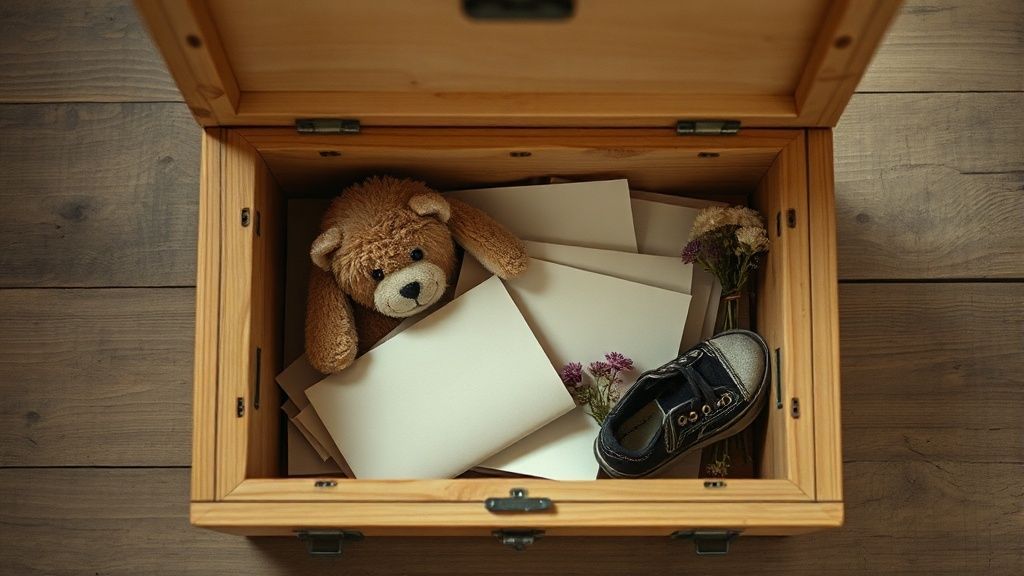 An open time capsule box with letters, small toys, and a child's shoe, photographed with nostalgic softness