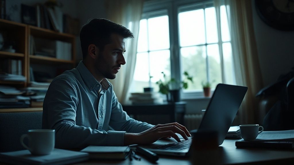 A person staring at a laptop screen in a dimly lit home office, surrounded by notebooks