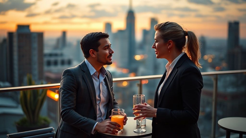 Two professionals having a candid conversation at a rooftop bar during golden hour